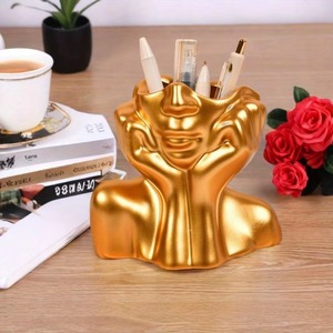 Modern <b>Ceramic</b> Face <b>Vase</b> Sculpture Decor Matte Finish White Black Gold Tabletop Flower Holder 8-16 Inches - Product Image 4