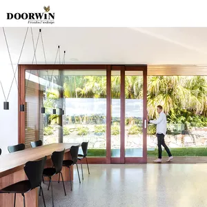 Doorwin Modern alüminyum alaşımlı çift temperli cam iç sürgülü kapılar ahşap çerçeveli sürgülü cam kapılar