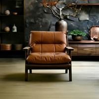 Fauteuil individuel en cuir véritable, style mi-siècle, design vintage, avec pieds en bois de hêtre, pour salons et maisons