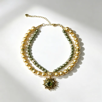 Collier de luxe pour animaux de compagnie, style vintage, avec perles et gemmes vert olive en forme de cœur, double couleur, pour petits et moyens animaux