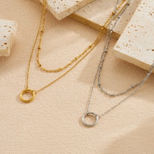 European American Style Minimalist Layered Double Chain Necklace With Round Geometric Pendant Gold Plated Clavicle Chain - Product Image 3