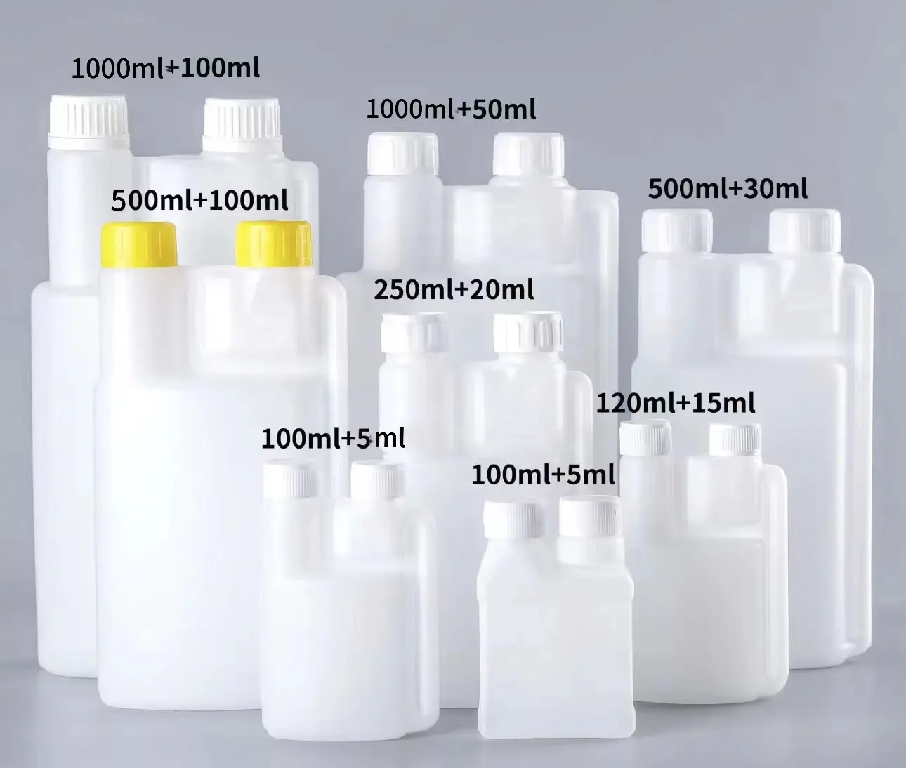 28/410 HDPE plastik dağıtıcı çift dozlama ikiz boyun şişe plastik çift odacıklı şişe