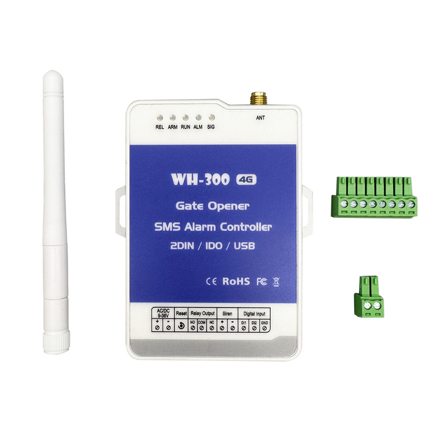 WAYHANG WH-300 4G LTE Relay Controller ABS GSM SMS Control Switch 2CH Digital Inputs Gate Opener AC/DC 9V~36V/1A HORN Alarm Nano