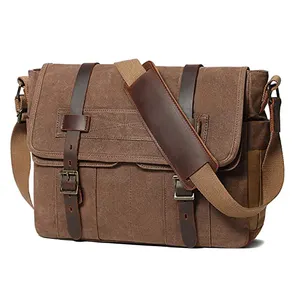 Messenger Bag Voor Mannen 15.6 Inch Canvas Laptop Tas Lederen Aktetas