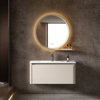 Meuble-lavabo moderne, miroir intelligent rond rétroéclairé anti-buée, lavabo mural sans poignée, armoire de salle de bain de luxe italienne, décoration de salle de bain pour hôtel et maison d'hôtes