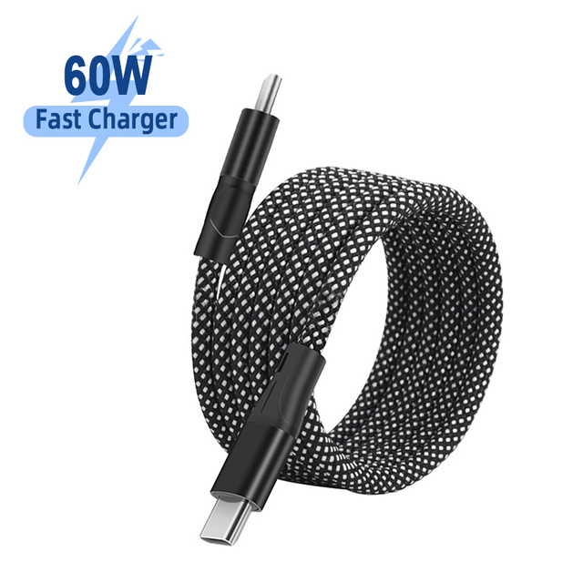 Premium 60W USB C Cable Magnetic Self-Coiling 3A Fast Charging Sync Data Nylon-Braided Type C Cord for MacBook iPad Phone