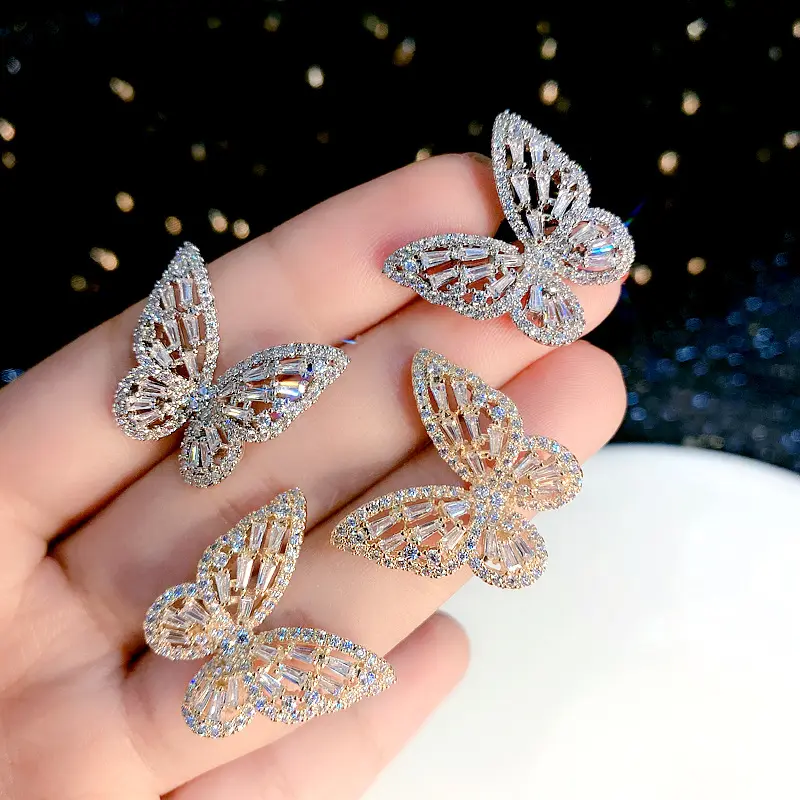 Ins Wholesale Iced Out Micro Pave CZ Butterfly Stud Earrings Sparkle 925 Sterling Silver Butterfly Earrings Jewelry