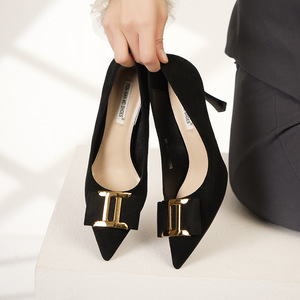 Youjianmei Shoes <b>Black</b> Velvet Pointed Toe <b>Pumps</b> With Gold Buckle High Heel Women's Fashion Shoes - Product Image 1