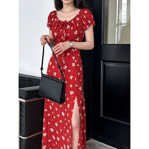 Vestido Largo de Verano Estilo Francés Vintage Luxi, con Estampado Floral, Corte en A, Cintura Ajustada con Cordón - Product Image 4