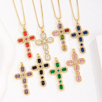 Nouveau Collier Croix Incrusté de Zircons Multicolores, Pendentif Multicolore Personnalisé Chaîne Clavicule Bijoux Vente en Gros