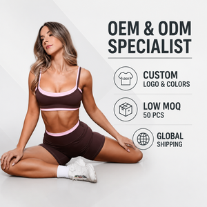 Ensemble de yoga pour femmes, respirant, sans couture, couleur espresso brun, avec bordure contrastée rose clair, soutien-gorge à col rond, short taille haute - Product Image 6