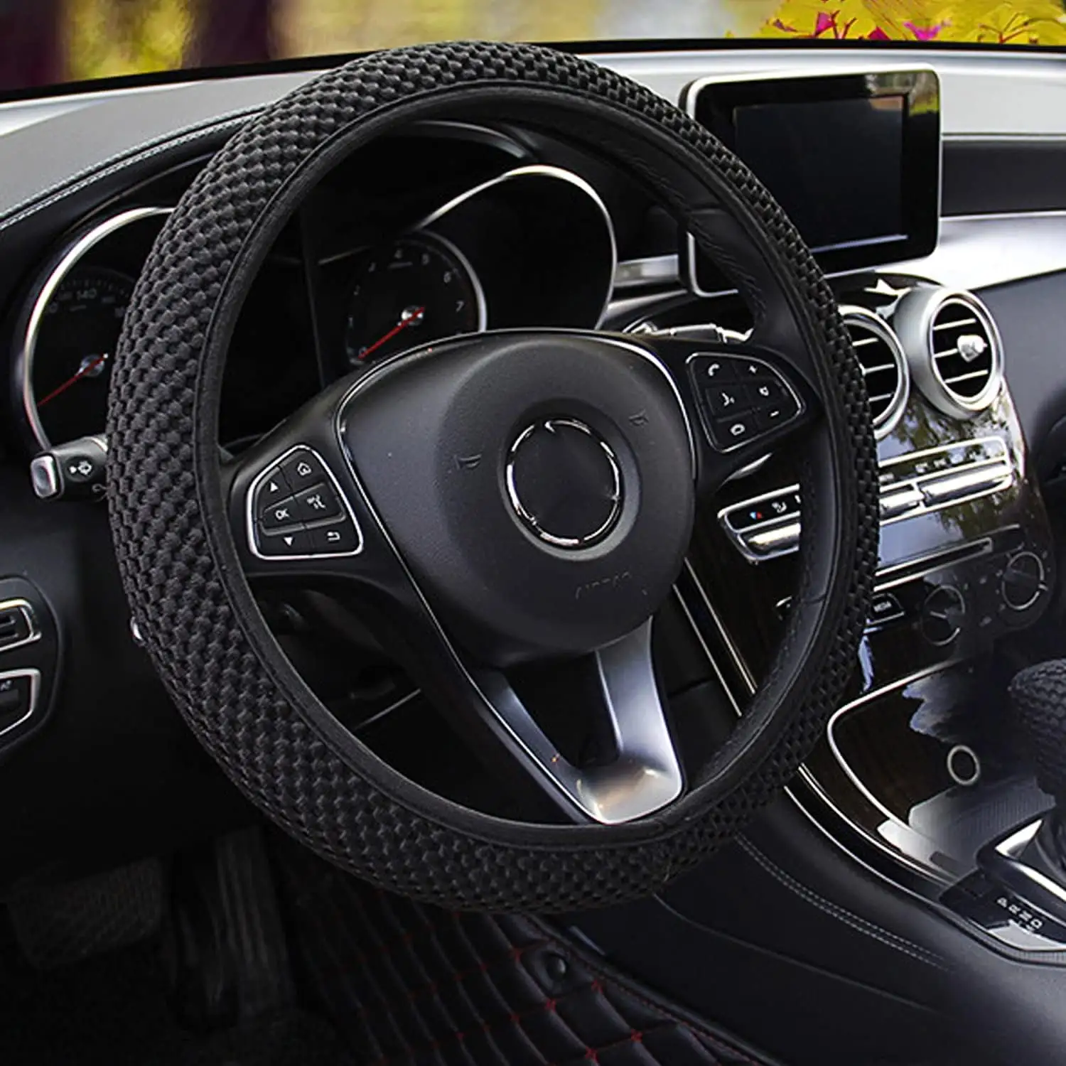 Stretch Car Steering Wheel Cover, Universal 15 inch, Warm in Winter and Cool in Summer, Microfiber Breathable Ice Silk