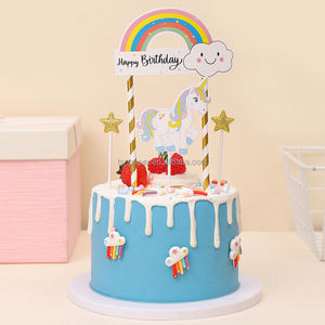 Décoration de gâteau d'<span class=keywords><strong>anniversaire</strong></span> <span class=keywords><strong>Licorne</strong></span> Arc-en-ciel en gros avec étoiles dorées scintillantes pour fêtes d'enfants - Product Image 5
