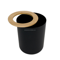 Poubelle en plastique avec couvercle en bambou, corbeille à papier, poubelle pour cuisine et bureau, poubelle ronde