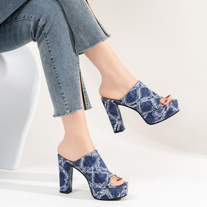 34 New High-heeled Slippers European and American Large Summer Thick Heel Denim <b>Sandals</b> for Women - Product Image 3