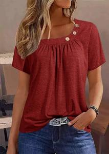 T-shirts d'été décontractés pour femmes Fashion Button Solid Basic Top Tees Streetwear Short Sleeve V Neck Oversized Clothing - Product Image 6