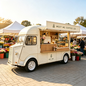 Food Truck Vintage Bianco Personalizzato con Scaffale <span class=keywords><strong>per</strong></span> Dessert Floreali, Bancone Caffè Gourmet <span class=keywords><strong>per</strong></span> Mercato dei Fiori - Product Image 1