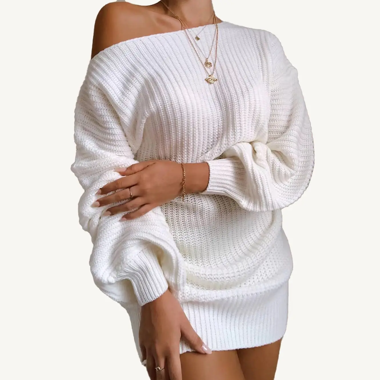 Autumn winter women's bodycon knit long lantern sleeve stylish sweater dresses lady wool off-shoulder elegant casual dresses