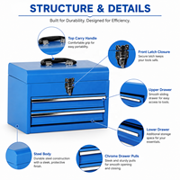 Armoire à outils portative en acier thermolaqué bleu, robuste, à 2 tiroirs, avec couvercle rabattable et verrouillable, fournie directement par l'usine
