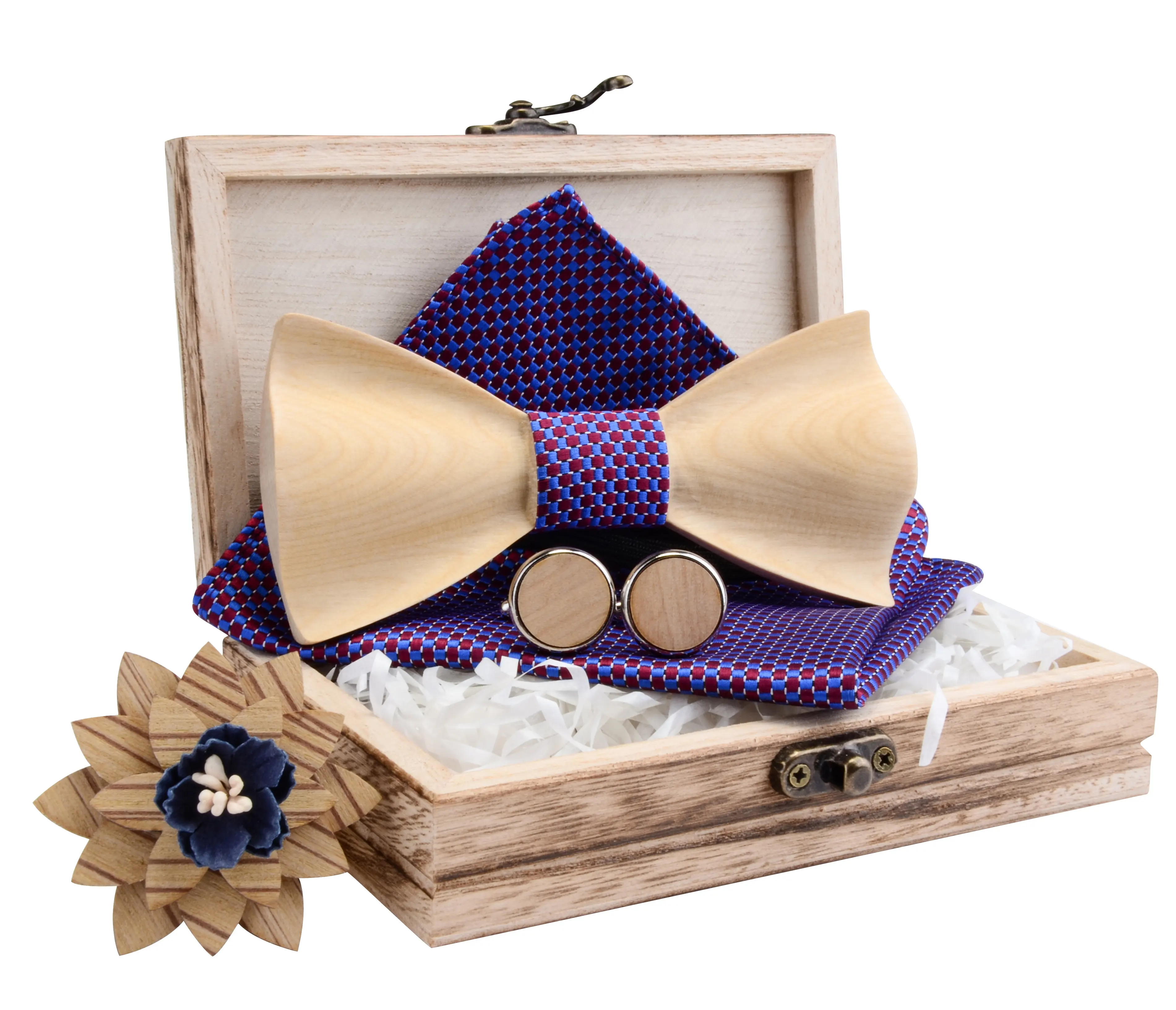 Nœud papillon 3D en bois d'érable, 4 pièces par ensemble, pochette étroite, boutons de manchette carrés, broche pour mariage, réunion