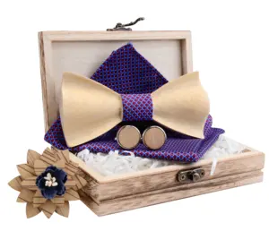 3D枫木木制领结套装窄口袋方形袖扣胸针用于婚礼聚会会议4件/套