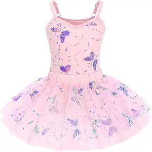 Ücretsiz örnek kızlar kelebek payetler kaşkorse bale dans elbise Glitter fırfır Tutu etek Leotard balerin kostüm