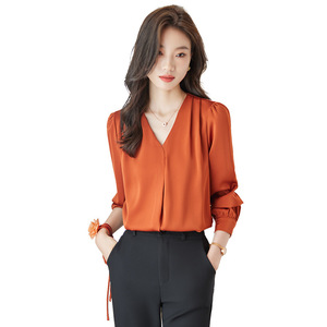 Orange V Neck Satin Blouse Women Long Sleeve Wrap <b>Tie</b> Office Shirt Solid Color Anti Wrinkle Fashion Top - Product Image 5