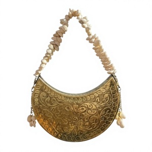 Handmade <b>Gold</b> Metal Crescent <b>Clutch</b> Bag Embossed Floral Design Shell Handle Antique Minaudiere Evening Purse Women Wholesale - Product Image 1