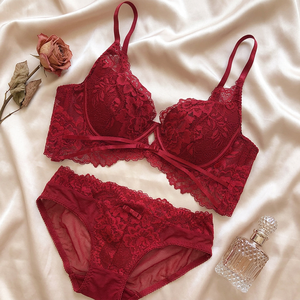 Conjunto de lencería sexy de encaje rojo con aros y push-up, copa 3/4, tirantes ajustables, tiro medio, lencería de mujer, tallas grandes, ropa interior femenina. - Product Image 2