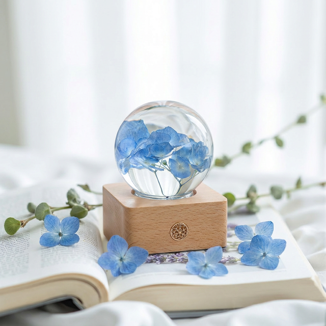 Handmade Epoxy Resin Ball Rechargeable Touch Control Lamp Perfect Valentine Gift with Preserved Flower