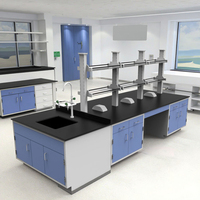 Banc de laboratoire en forme de L, design d'angle, gain de place, cadre en acier et bois, dessus résistant aux produits chimiques pour l'aménagement de laboratoire