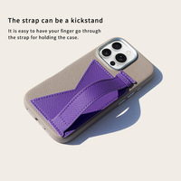 Étui porte-cartes en cuir grainé gris violet pour 16 Pro, étanche et antichoc, avec anneau magnétique et dragonne