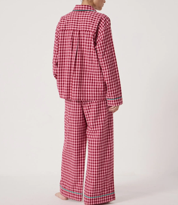 Pyjama en coton ample pour femmes, ensemble de vêtements de nuit pour femmes, pyjama à carreaux rouges à manches longues, pantalon de détente, ensemble 2 pièces - Product Image 4