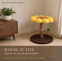 Arbre à chat Tournesol en bois de fruit et panneaux de particules E1, griffoir antidérapant, perchoir fleur en peluche, mobilier pour chat d'intérieur de petite taille, emballé en carton