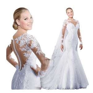 Wedding Dress Mermaid Silhouette Sweetheart Neckline White Floral Lace Long Sleeve With Veil For Bride - Product Image 4