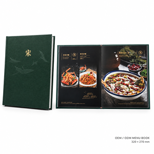 <span class=keywords><strong>พิมพ์</strong></span>เมนูแบบกำหนดเอง หนังสือเมนูปกหนังแข็ง ปั๊มฟอยล์ทอง สำหรับร้านอาหารหรู โรงแรม รีสอร์ท คลับ งานแต่งงาน งานเลี้ยง OEM ODM - Product Image 1