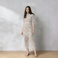 Nouvelle Robe Décontractée d'Été 2026 en Dentelle Blanche Française, Col Claudine, Manches Courtes, Ceinture à Nœud, Jupe Midi Sirène