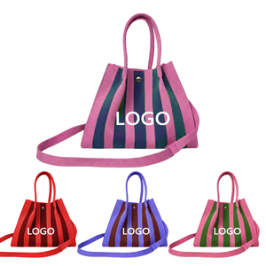 MOQ 50 PEZZI Borsa Tote Personalizzata in Maglia a Righe, Borsa a Tracolla con Cerniera, Ampio Spazio di Archiviazione, Casual, Autunno Estate, da Spiaggia, per Uso Quotidiano Donna - Product Image 1