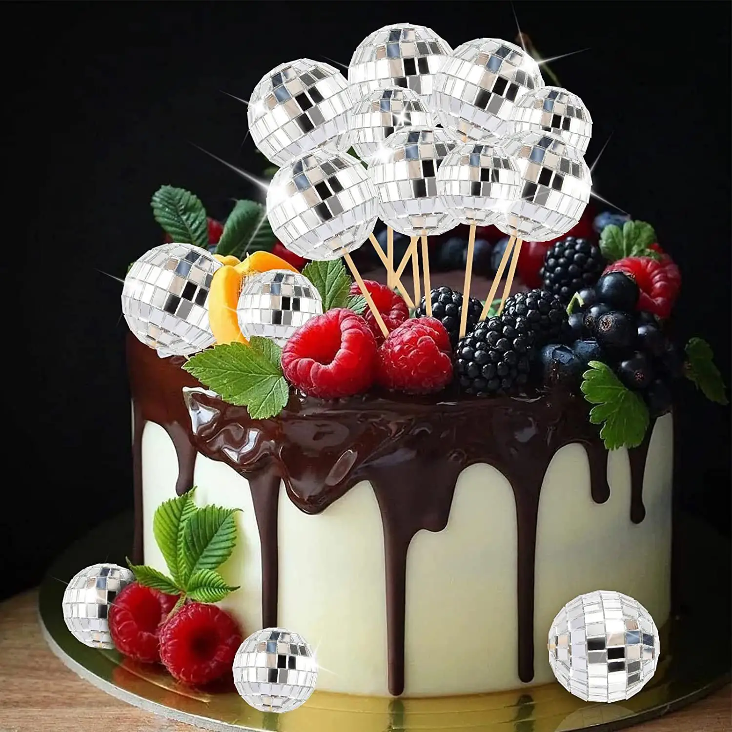 Decoração de bolo de discoteca para aniversário, mini topper de prata brilhante para bolo de casamento, bolas para lembrancinhas e lembrancinhas