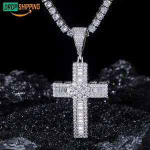 Dropshipping 2023 Bling Hip Hop Men Jewelry 925 Sterling Silver VVS Baguette Moissanite Diamond Iced Out Cross Pendant Necklace