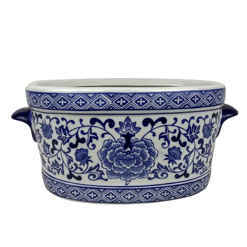 Serie RXAE bella fioriera in ceramica con motivo floreale di forma ovale blu e bianca