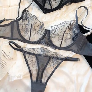 Conjunto de Lencería con Bordado de Rosas para Mujer, Sujetador con Aros y Tanga de Malla, Conjunto de 2 Piezas, Ropa Interior Ultrafina de Estilo Francés, OEM ODM - Product Image 5