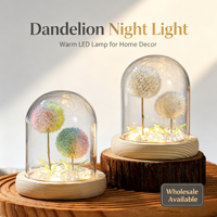 Lampe de table LED artisanale en forme de dôme en verre avec pissenlit préservé, base en bois massif, lumière décorative de fleur éternelle, cadeau de la Saint-Valentin