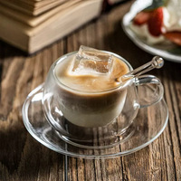 Lot de tasses à café en verre borosilicate à double paroi, design moderne, marque YQ, avec poignées, cuillères et soucoupes – Compatible lave-vaisselle et micro-ondes