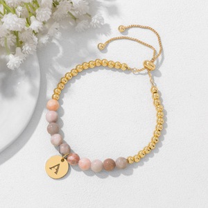 Bracelet en perles de pierre zèbre rose avec pendentif lettre anglaise en <span class=keywords><strong>hématite</strong></span> dorée, chaîne réglable en acier inoxydable - Product Image 3