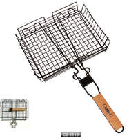 Panier à poisson à revêtement antiadhésif à manche en bois pour barbecue de camping de fête et outils de barbecue à viande rôtie grillée
