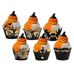 New Halloween 12PCS Papel Preto Cupcake Wrappers Ghost Festival Party Pumpkin Bat Aranha Bolo Decoração Cartão XQ513