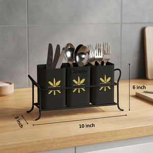 Porta Cubiertos Metálico Rectangular Negro con Diseño de Hoja Dorada, Moderno Organizador de Cocina, Tipo de Pie, Duradero - Product Image 2