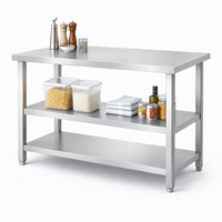 Table de travail commerciale en acier inoxydable à 3 niveaux avec pieds ronds, prix usine 304 201, pour cuisine de restauration