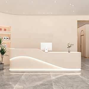 CR165 Artistic Wave-Shaped Hotel Reception Counter Wood Composite Corporate Front Desk Soft Glow LED Multi-Purpose Service Desk - Product Image 1